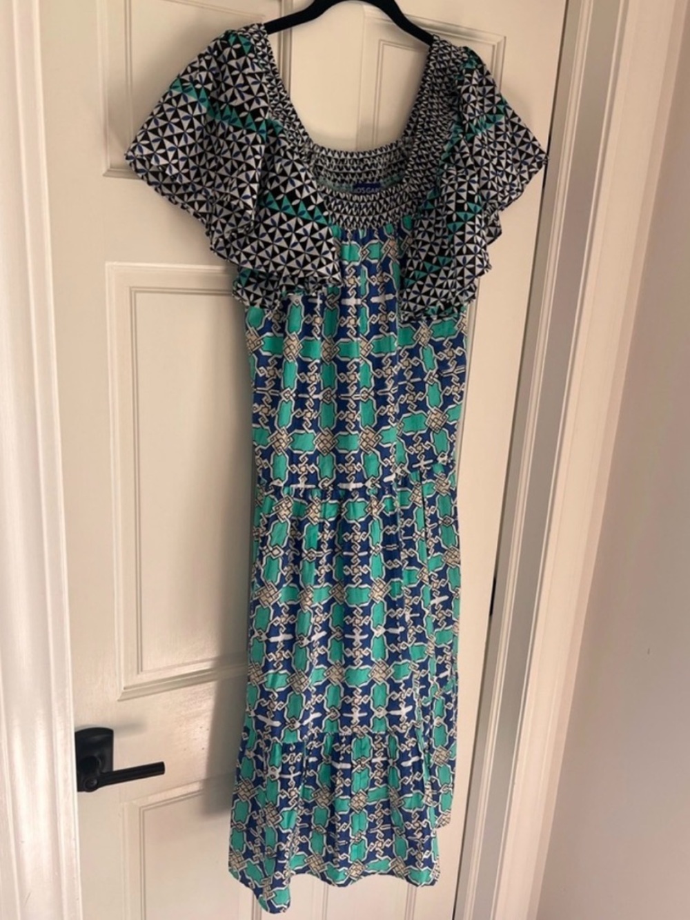 Ro’s Garden Blue & Green Geometric Print Dress – Ruffle Sleeve – Size Small - Picture 2 of 7